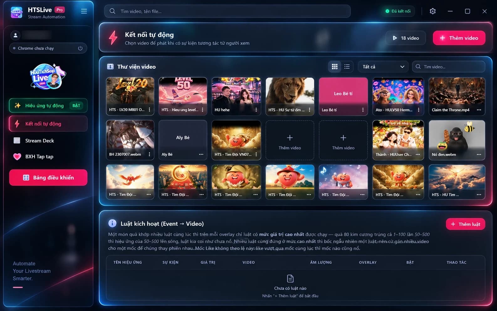 Màn hình Kết nối tự động của HTSLive: thư viện video hiệu ứng và bảng Luật kích hoạt nối từng sự kiện với video sẽ phát.